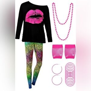Neon Zebra Print Leggings and Black Top with Pink Lips